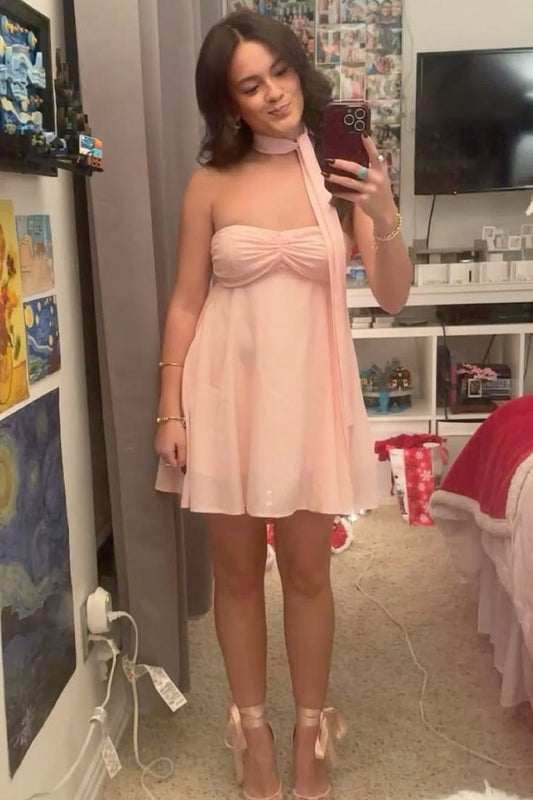 Strapless Pink Chiffon Short Homecoming Dress  P1546