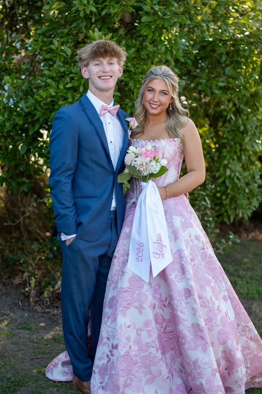 Strapless Pink Jacquard A-Line Long Dress With Pearls  P2542