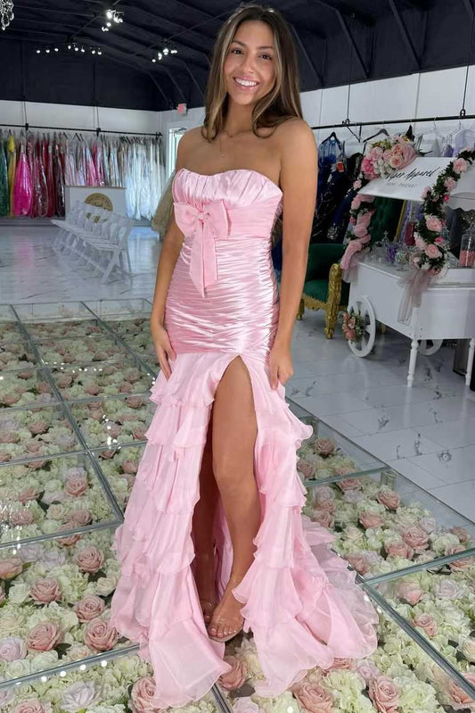 Strapless Pink Layered Formal Prom Dress With Slit  P2581