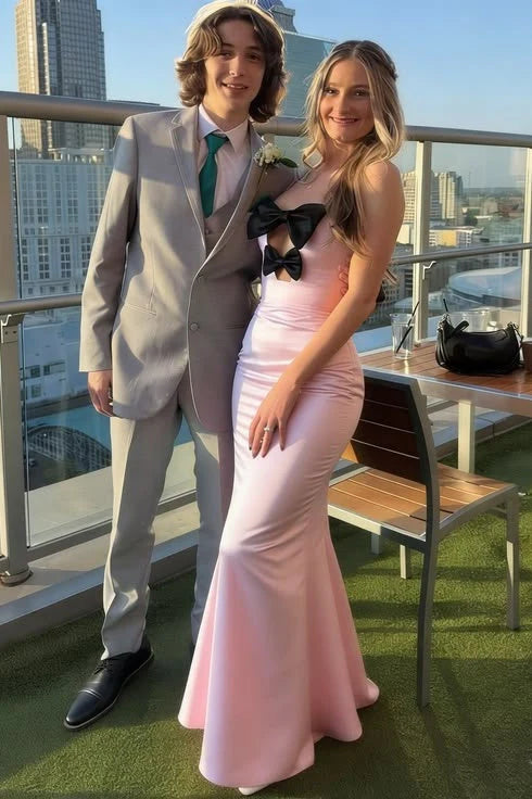 Strapless Pink Mermaid Satin Prom Dress With Bows  P1119