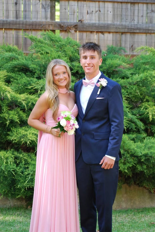 Strapless Pink Pleated A-Line Long Prom Dress With Scarf  P2541