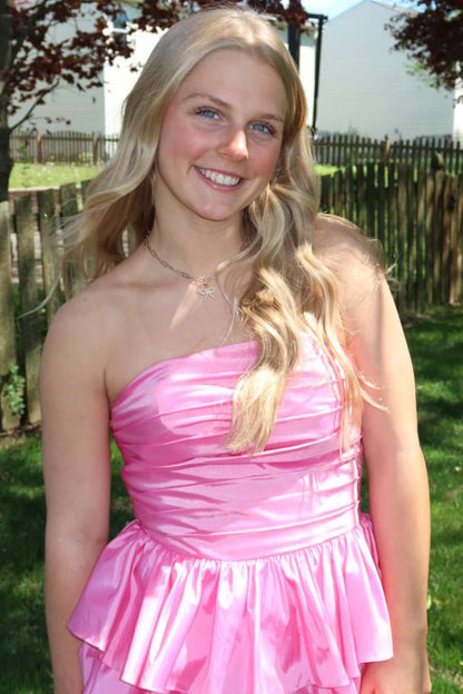 Strapless Pink Satin Layered Formal Prom Dress With Slit  P2586