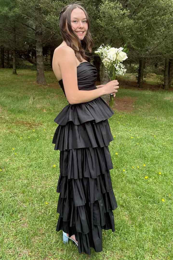 Strapless Pink Satin Layered Formal Prom Dress With Slit  P2586