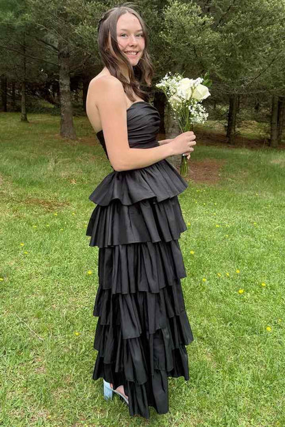 Strapless Pink Satin Layered Formal Prom Dress With Slit  P2586