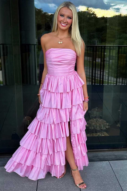 Strapless Pink Satin Layered Formal Prom Dress With Slit  P2586