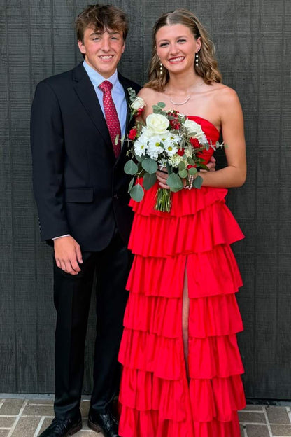 Strapless Pink Satin Layered Formal Prom Dress With Slit  P2586