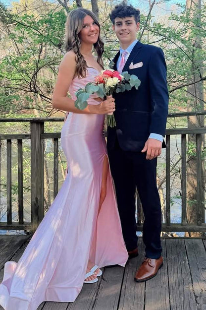 Strapless Pink Satin Mermaid Prom Dress With Slit  P2585