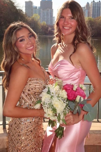 Strapless Pink Satin Mermaid Prom Dress With Slit  P2585