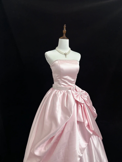 Strapless Pink Satin Prom Dress A Line Birthday Gown With Bow  P1164