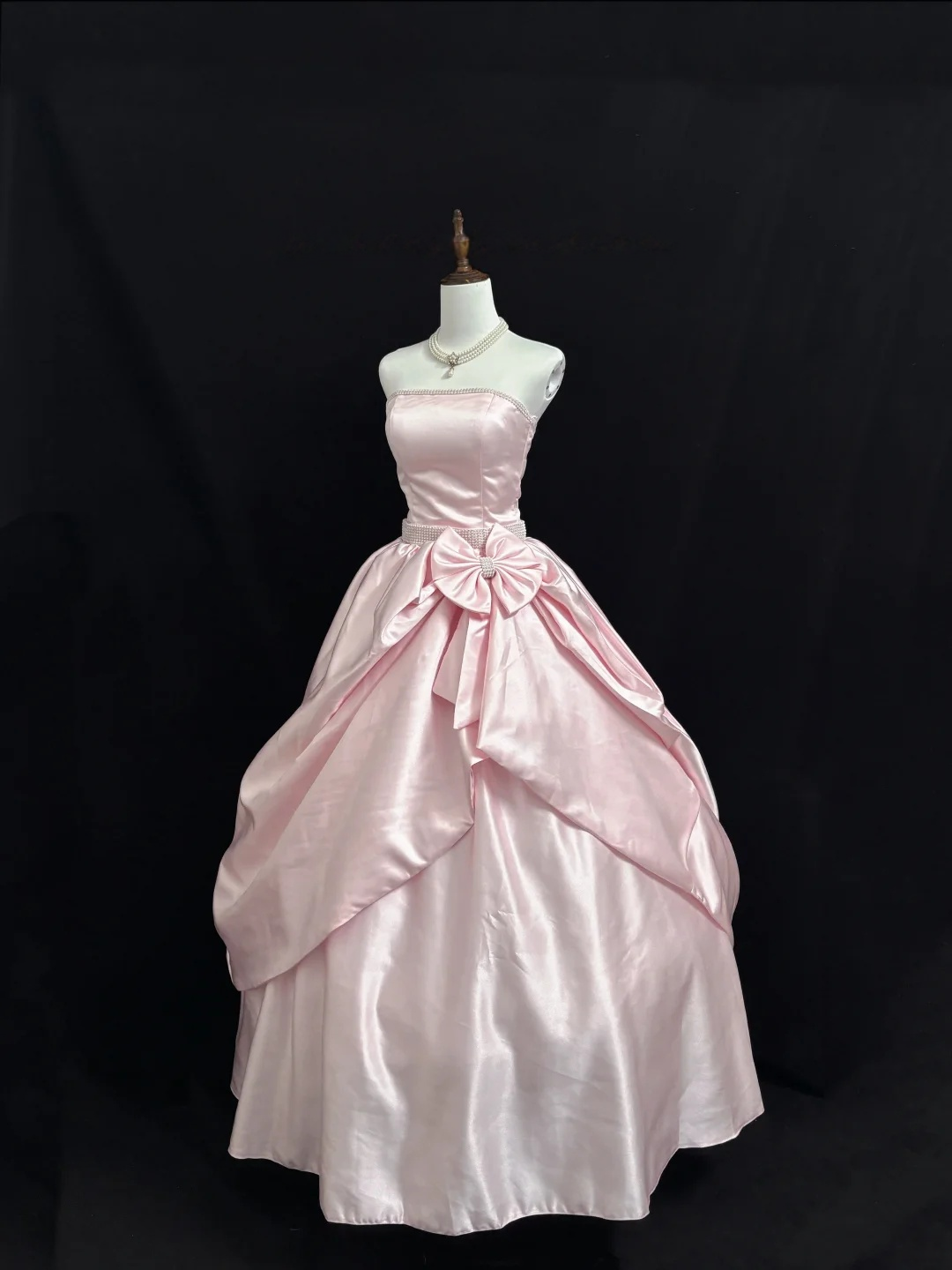 Strapless Pink Satin Prom Dress A Line Birthday Gown With Bow  P1164