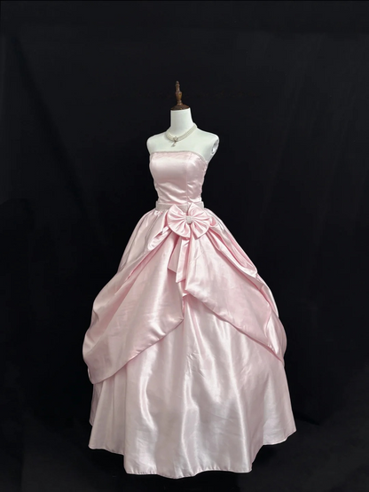 Strapless Pink Satin Prom Dress A Line Birthday Gown With Bow  P1164