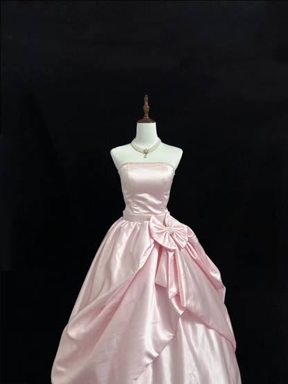 Strapless Pink Satin Prom Dress A Line Birthday Gown With Bow  P1164