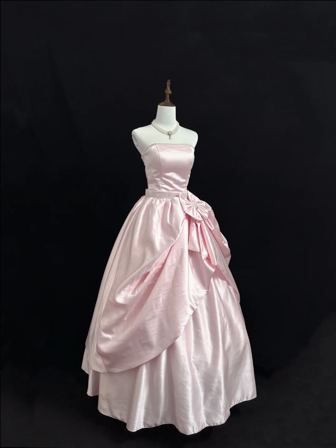 Strapless Pink Satin Prom Dress A Line Birthday Gown With Bow  P1164