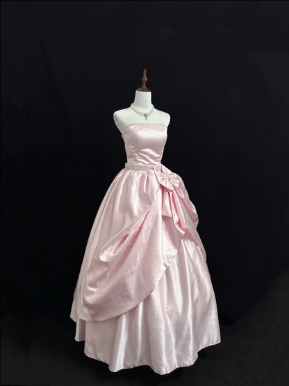 Strapless Pink Satin Prom Dress A Line Birthday Gown With Bow  P1164