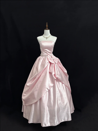 Strapless Pink Satin Prom Dress A Line Birthday Gown With Bow  P1164