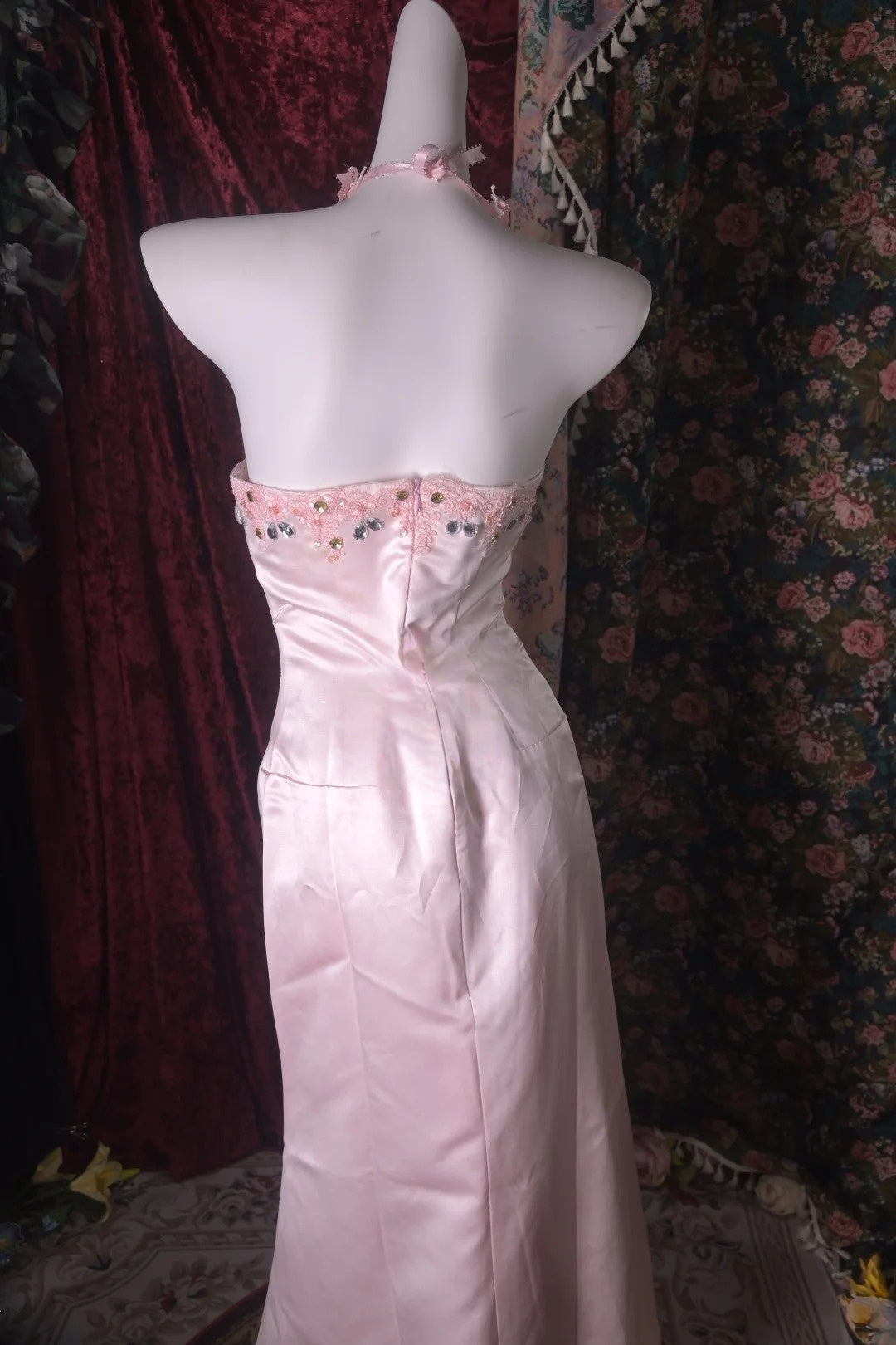 Strapless Pink Satin Retro Formal Prom Dress Elegant Evening Gown  P2656