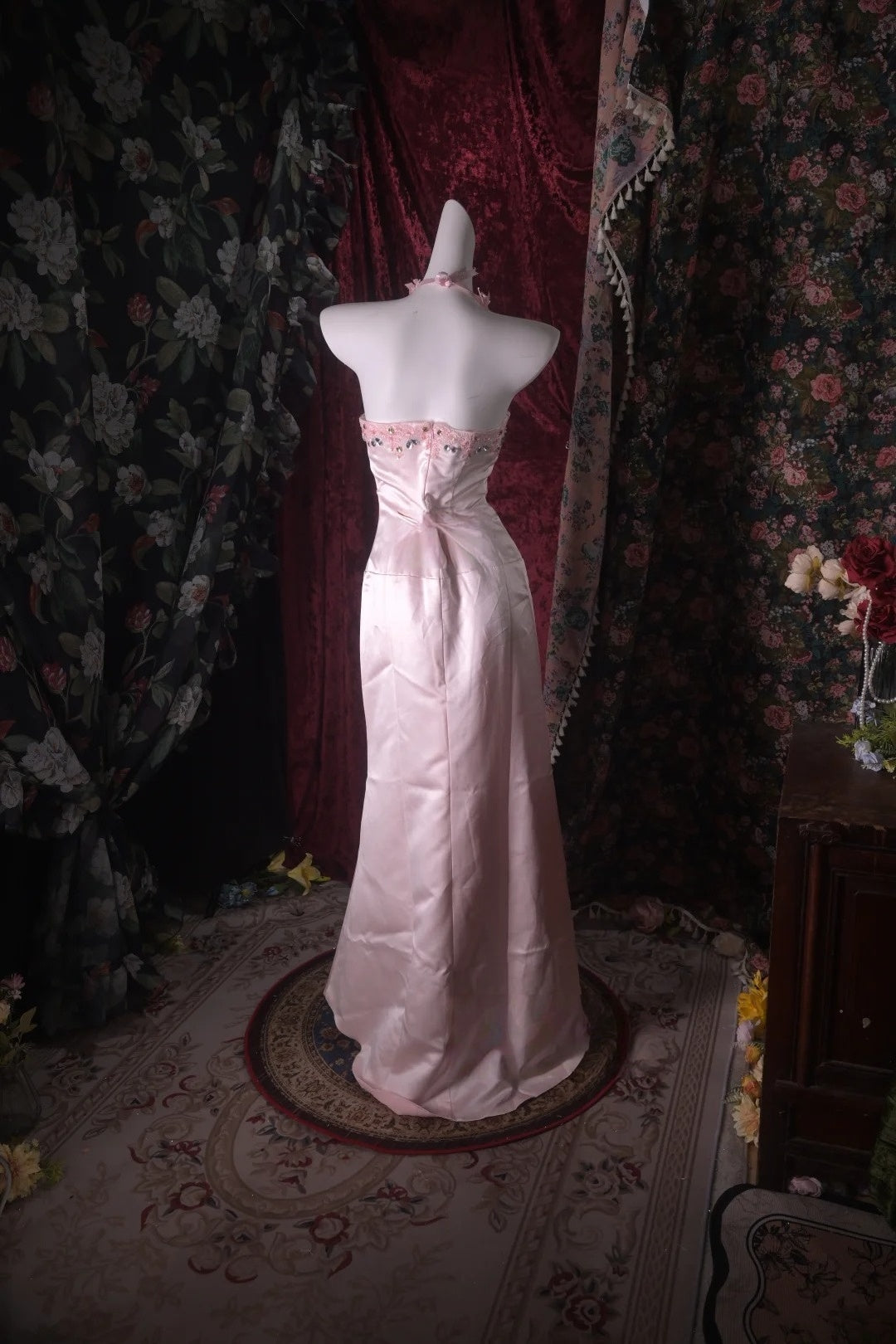 Strapless Pink Satin Retro Formal Prom Dress Elegant Evening Gown  P2656