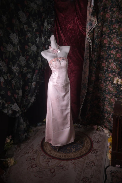 Strapless Pink Satin Retro Formal Prom Dress Elegant Evening Gown  P2656