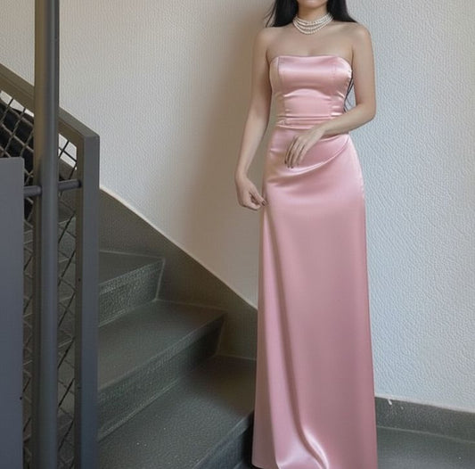 Strapless Pink Satin Sheath Long Prom Dress Wedding Guest Dress   P2630