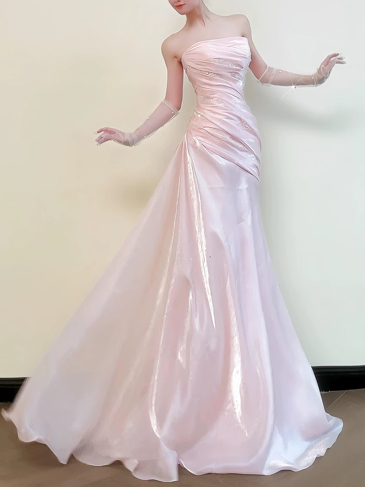 Strapless Pink Sweet Prom Dress Pleated Formal Prom Dress P1524