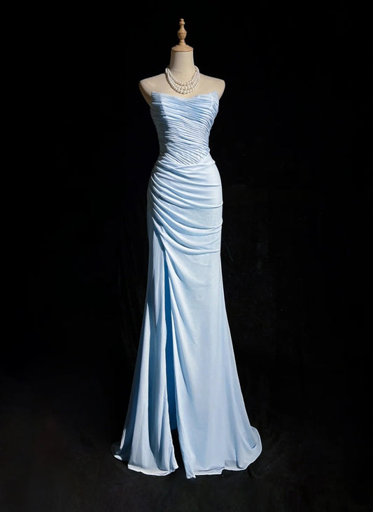 Strapless Pleated Blue Mermaid Prom Dress With Slit  P2620