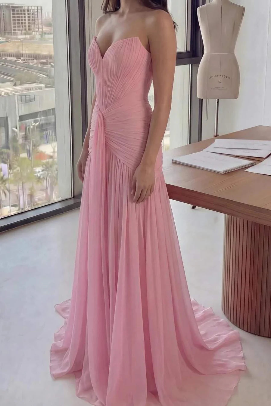 Strapless Pleated Pink A-Line Long Prom Dress Formal Wedding Guest Dress  P1159