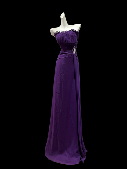 Strapless Purple Chiffon Prom Dress A Line Retro Wedding Guest Dress  P1699