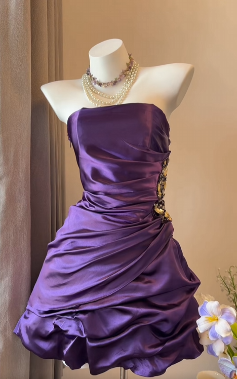 Strapless Purple Satin Homecoming Dress Short Retro Birthday Dress  P1878