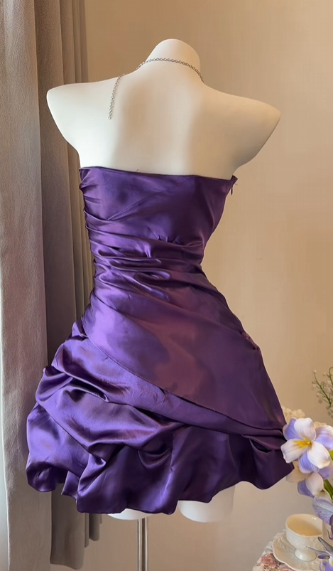 Strapless Purple Satin Homecoming Dress Short Retro Birthday Dress  P1878