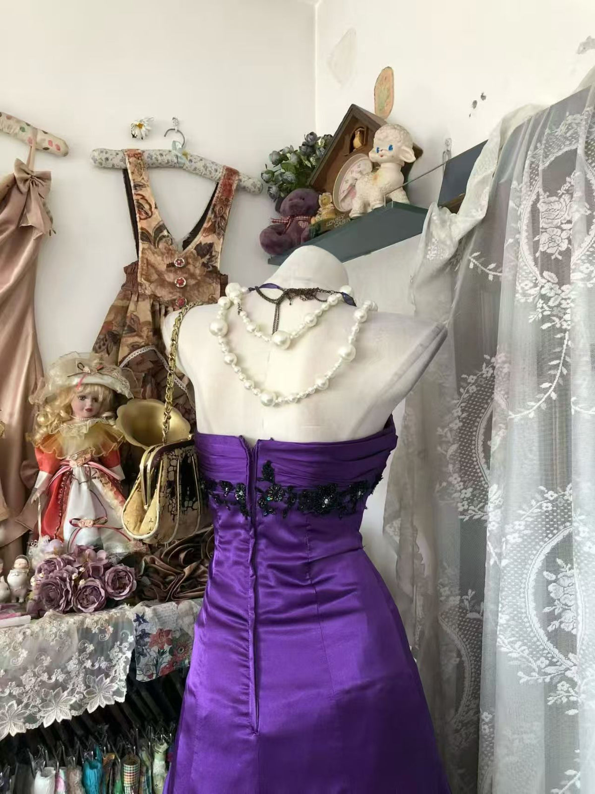 Strapless Purple Satin Mermaid Prom Dress With Black Appliques  P2690