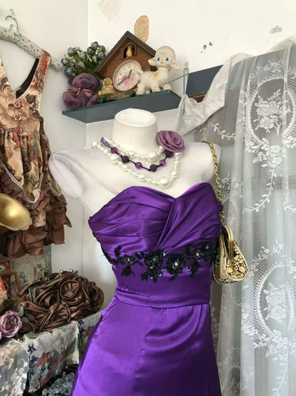 Strapless Purple Satin Mermaid Prom Dress With Black Appliques  P2690