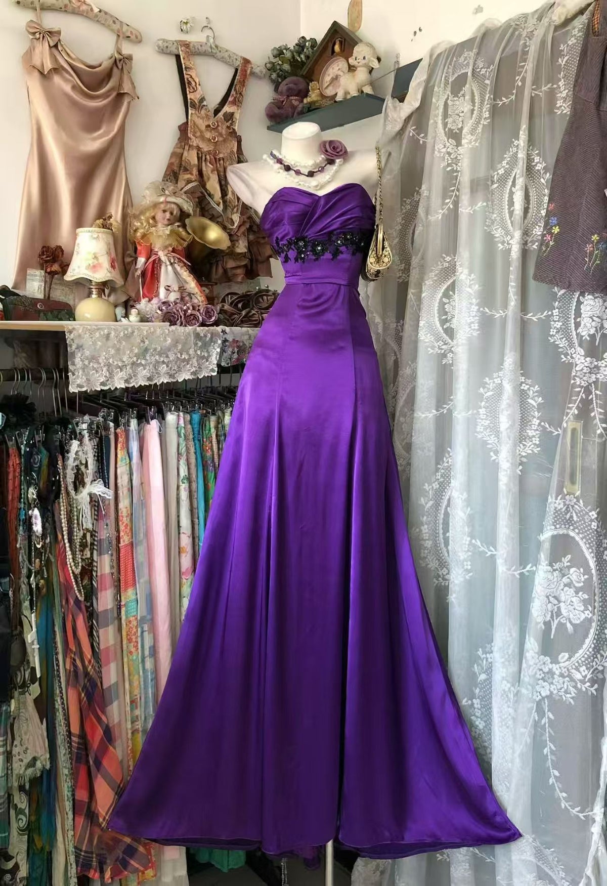 Strapless Purple Satin Mermaid Prom Dress With Black Appliques  P2690
