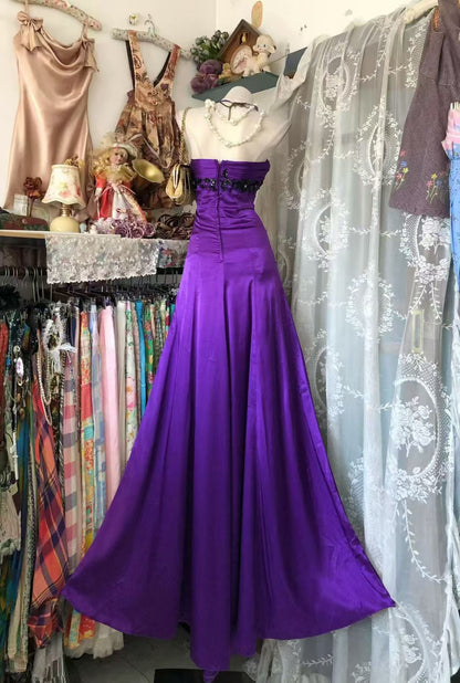 Strapless Purple Satin Mermaid Prom Dress With Black Appliques  P2690