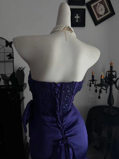 Strapless Purple Satin Mermaid Prom Dress With Slit Layered Evening Dress P1798