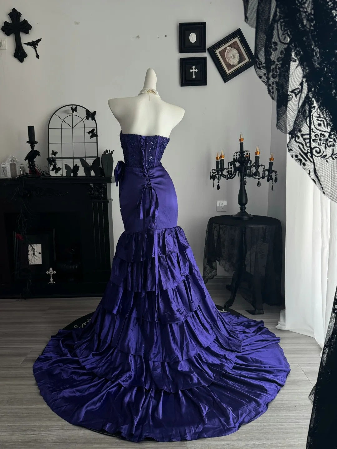 Strapless Purple Satin Mermaid Prom Dress With Slit Layered Evening Dress P1798