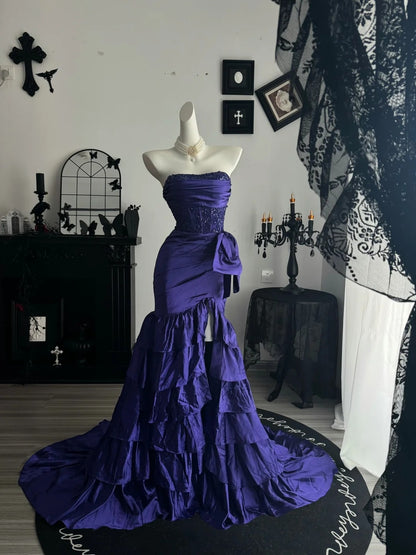 Strapless Purple Satin Mermaid Prom Dress With Slit Layered Evening Dress P1798