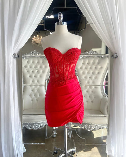 Strapless Red Appliques Ruched Bodycon Homecoming Dresses  P2277