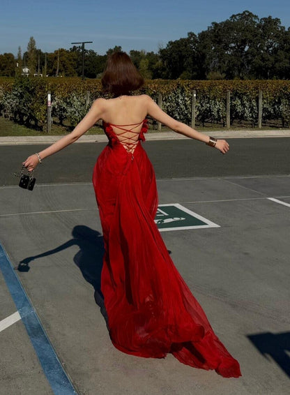 Strapless Red Chiffon Long Prom Dress Backless Evening Dress  P762