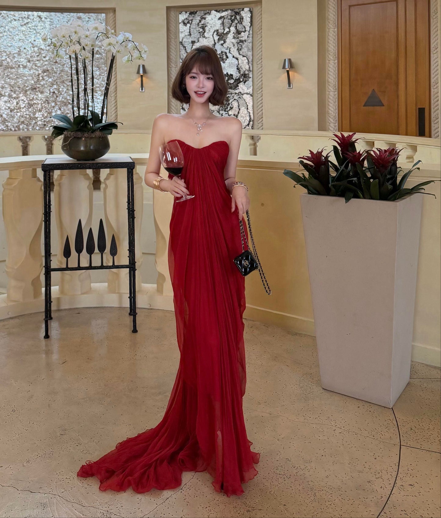 Strapless Red Chiffon Long Prom Dress Backless Evening Dress  P762