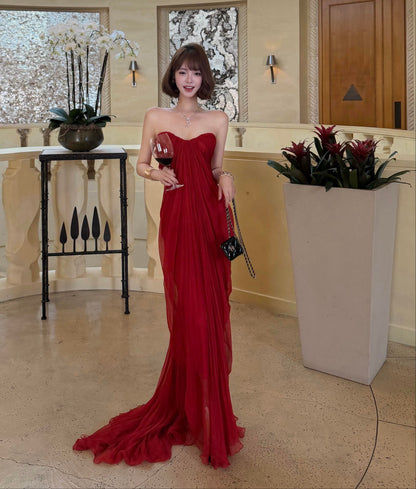 Strapless Red Chiffon Long Prom Dress Backless Evening Dress  P762