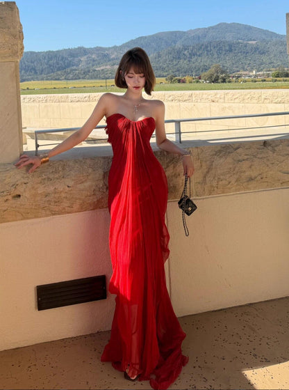 Strapless Red Chiffon Long Prom Dress Backless Evening Dress  P762