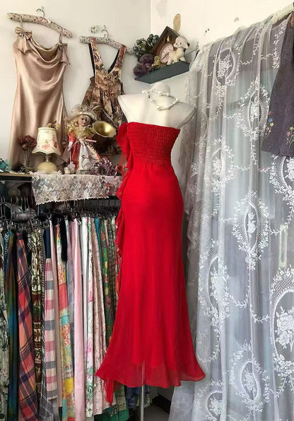 Strapless Red Ruffled Formal Prom Dress Chiffon Evening Gowns  P2092