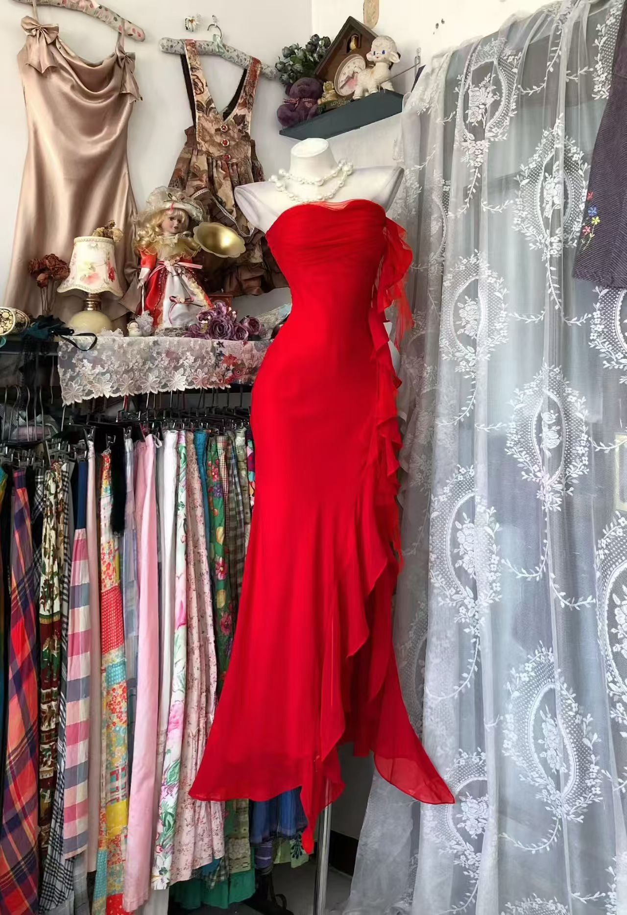 Strapless Red Ruffled Formal Prom Dress Chiffon Evening Gowns  P2092