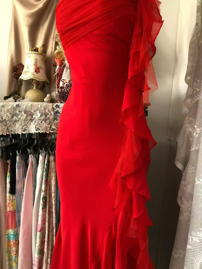 Strapless Red Ruffled Formal Prom Dress Chiffon Evening Gowns  P2092