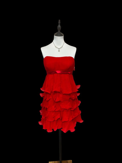 Strapless Red Ruffled Homecoming Dress Short Layered Party Dress  P2051