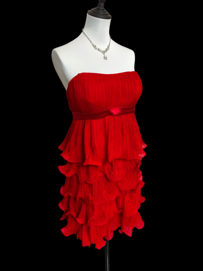 Strapless Red Ruffled Homecoming Dress Short Layered Party Dress  P2051