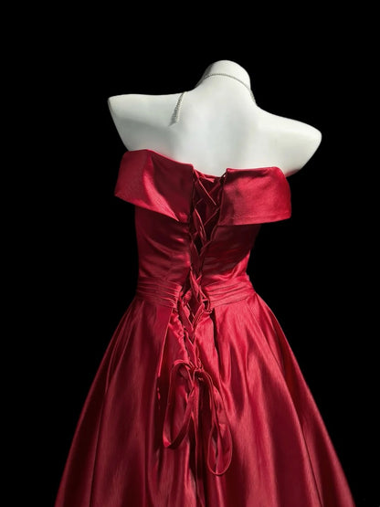 Strapless Red Satin A Line Formal Prom Dress Elegant Evening Gown  P1856