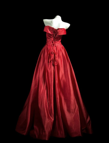 Strapless Red Satin A Line Formal Prom Dress Elegant Evening Gown  P1856