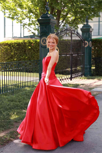 Strapless Red Satin A Line Formal Prom Dress  P2469