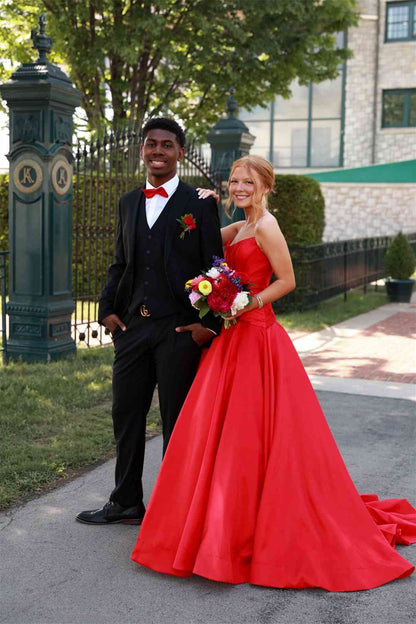 Strapless Red Satin A Line Formal Prom Dress  P2469